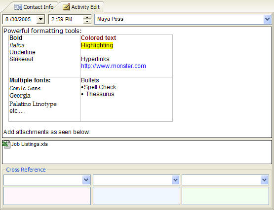 Job search software activity edit screen.