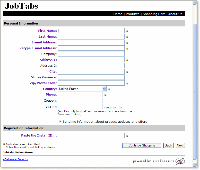 Form fields to identify yourself during the purchase of JobTabs