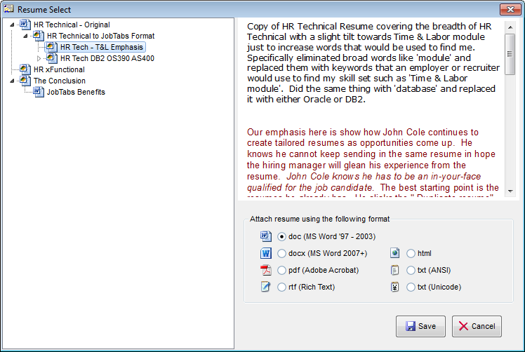 Select a resume to send to an employer during an online job application